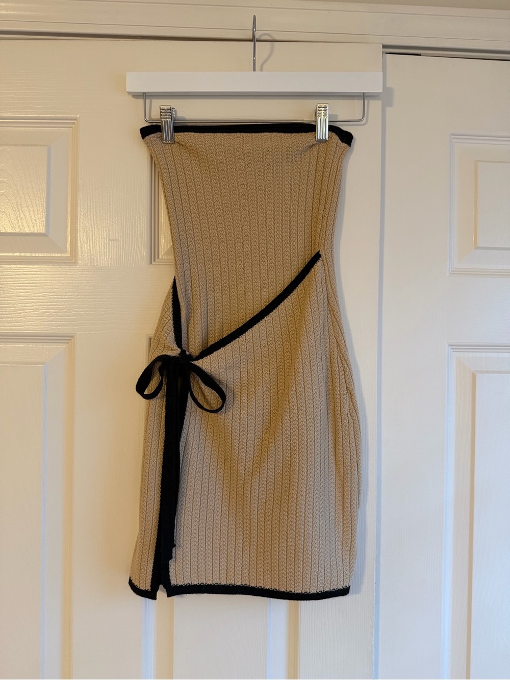 Strapless Tan Knit Wrap Cover Up Dress with Black Trim